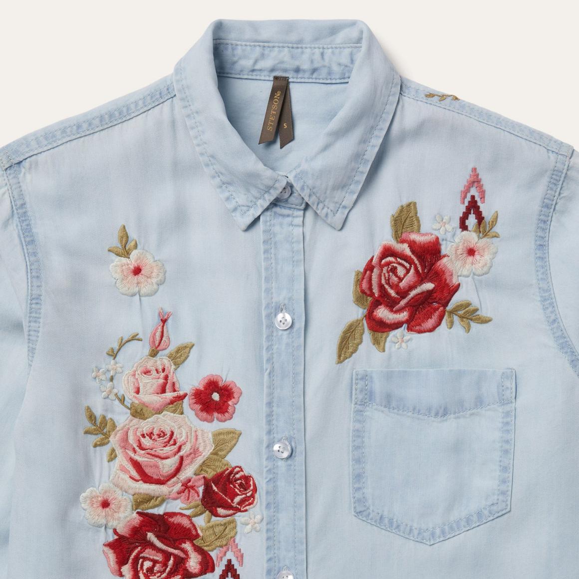 Long-Sleeved Embroidered Shirt Blue | Women Stetson Denim Shirts