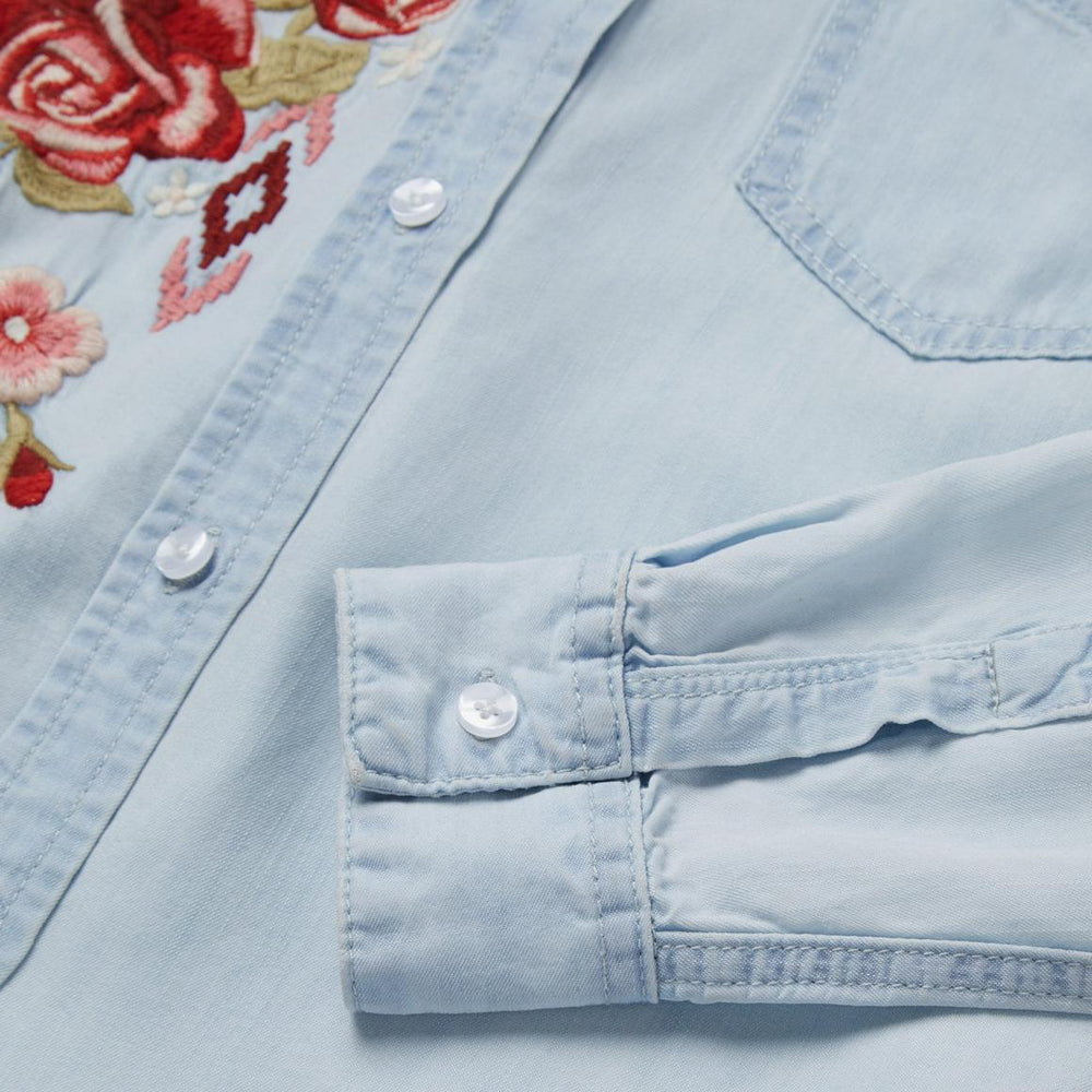 Long-Sleeved Embroidered Shirt Blue | Women Stetson Denim Shirts