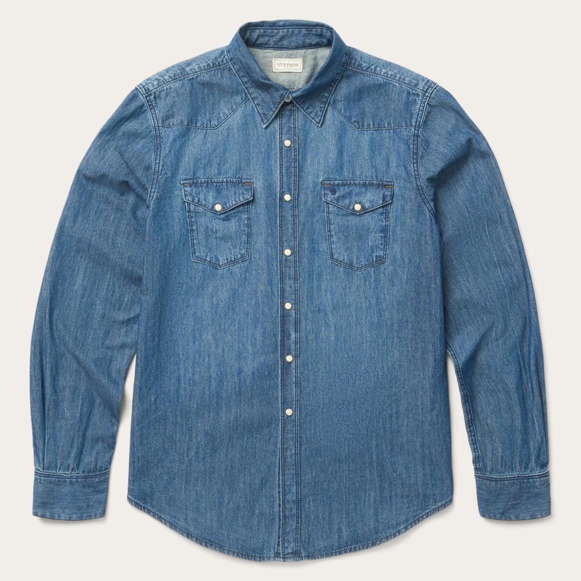 Medium Blue Denim Shirt Blue | Men Stetson Denim Shirts