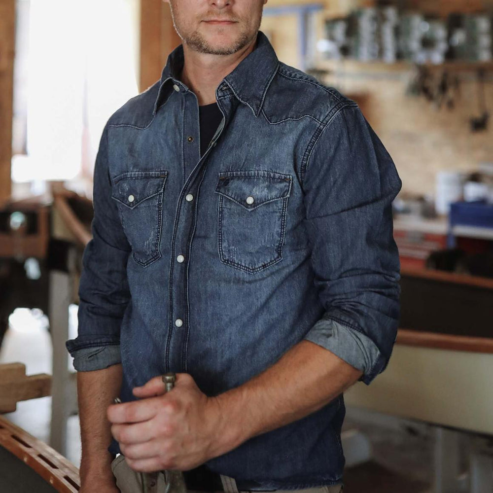 Medium Blue Denim Shirt Blue | Men Stetson Denim Shirts