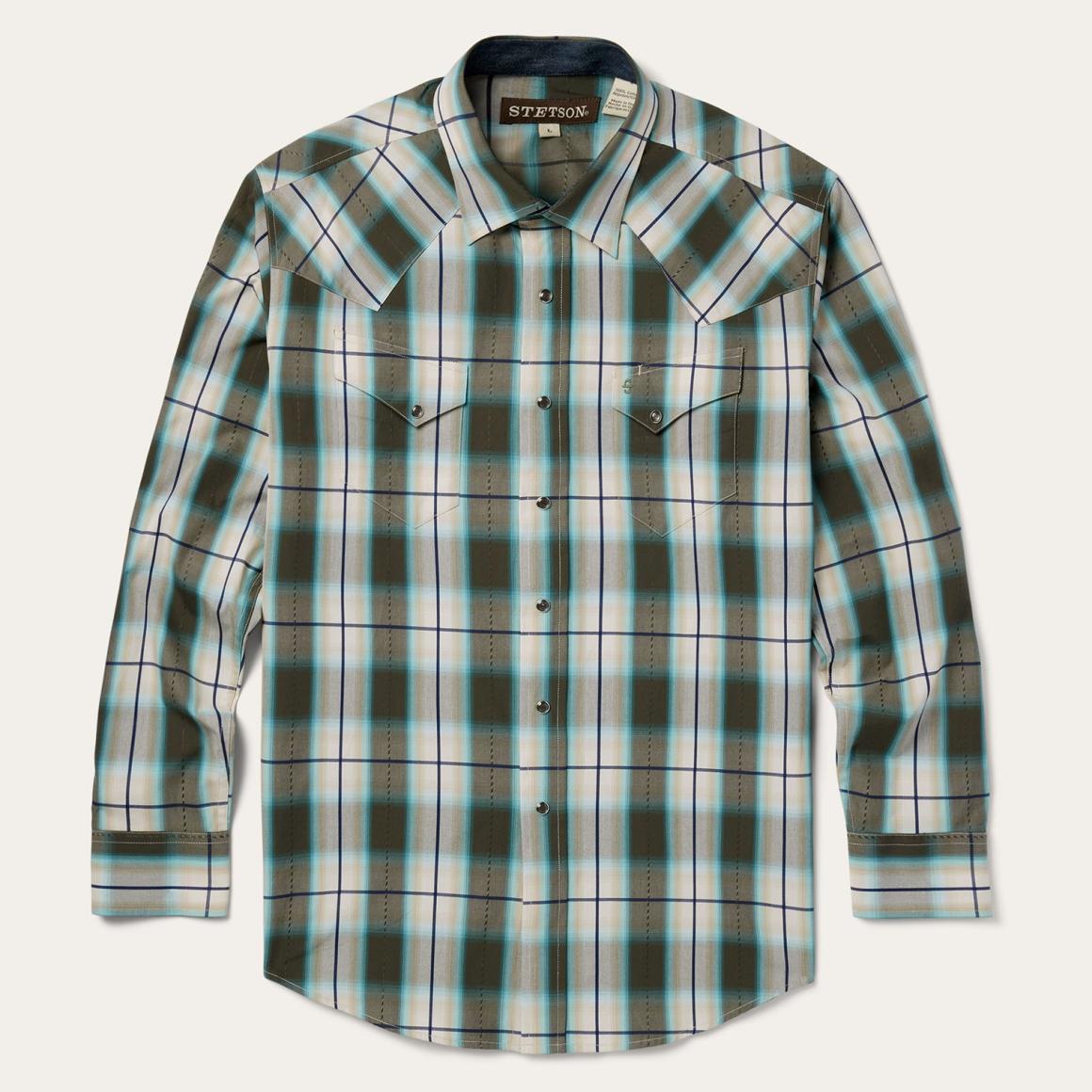 Olive Ombre Plaid Western Shirt Green | Men Stetson Western Shirts
