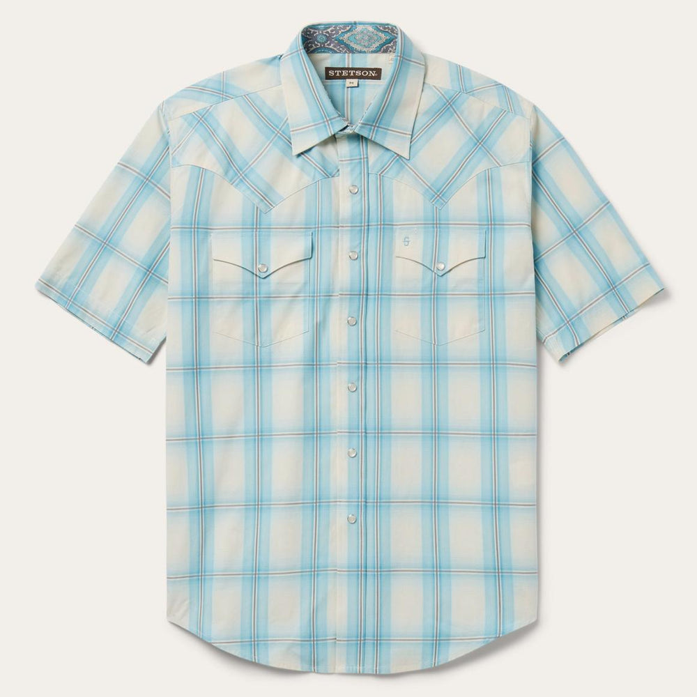 Ombre Plaid Short Sleeve Western Shirt Blue | Men Stetson Western Shirts