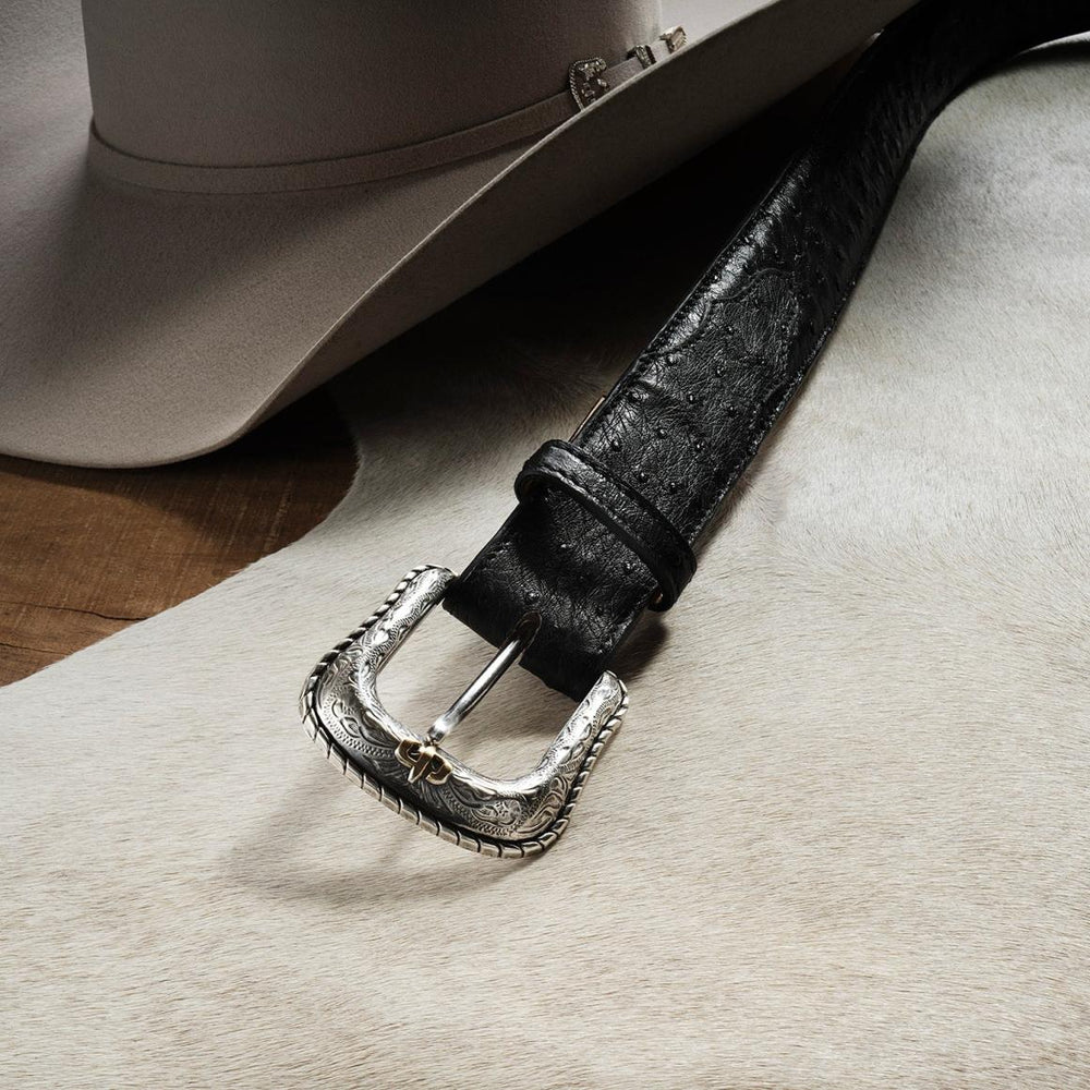 Ostrich Western Tab Belt Black | Men Stetson Belts