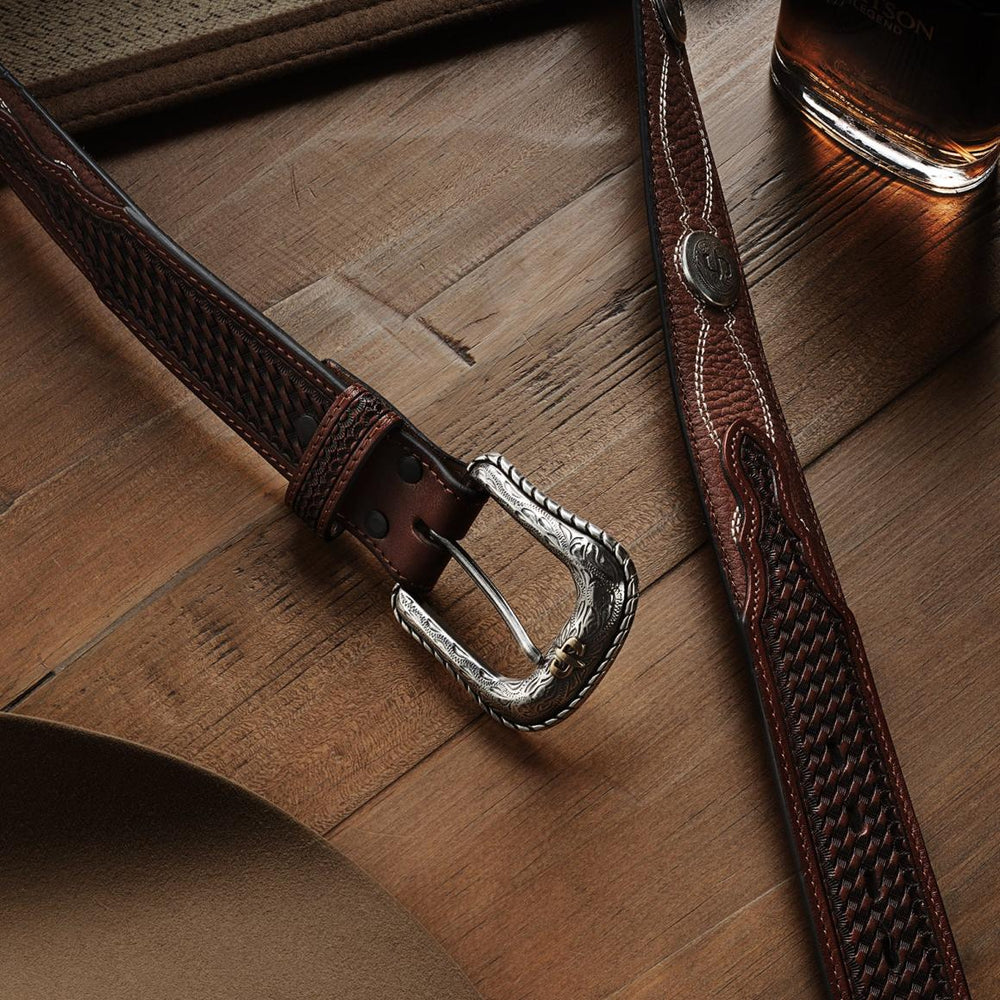 Pebble Leather Basket Weave Tabs Belt Natural/brown | Men Stetson Belts