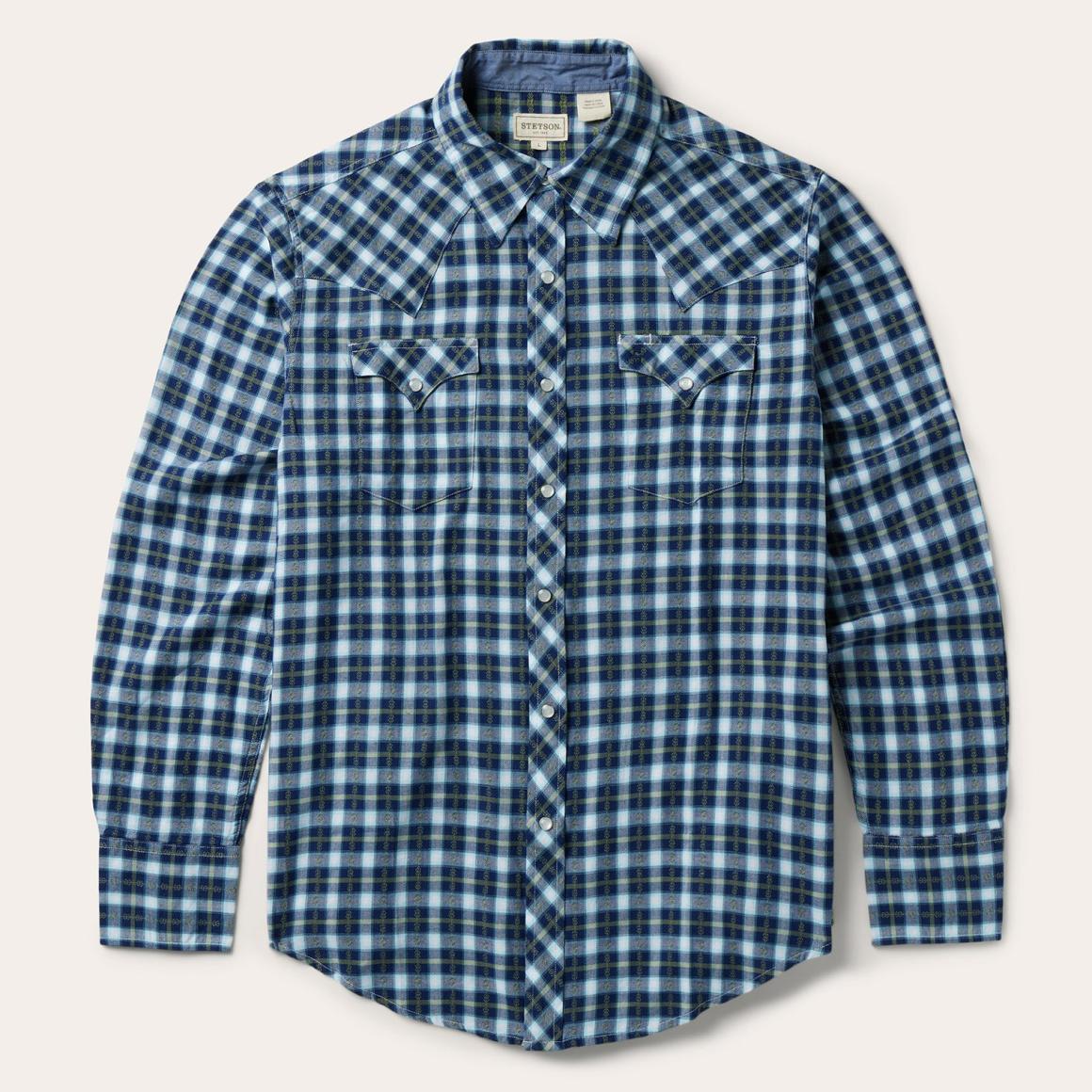 Plaid Twill Dobby Western Shirt Blue | Men Stetson Western Shirts