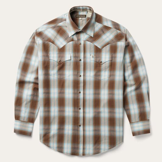 Sand Ombre Plaid Western Shirt Brown | Men Stetson Western Shirts