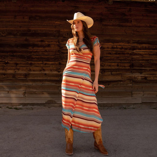 Sunset Serape Print Rayon Herringbone Wrap Front Dress Multi | Women Stetson Midi