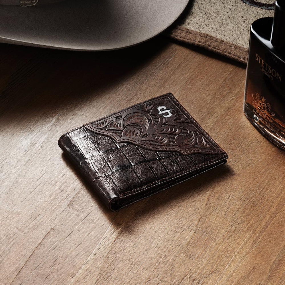Tooled Embossed Ostrich Bi-Fold Wallet Brown | Men Stetson Wallets