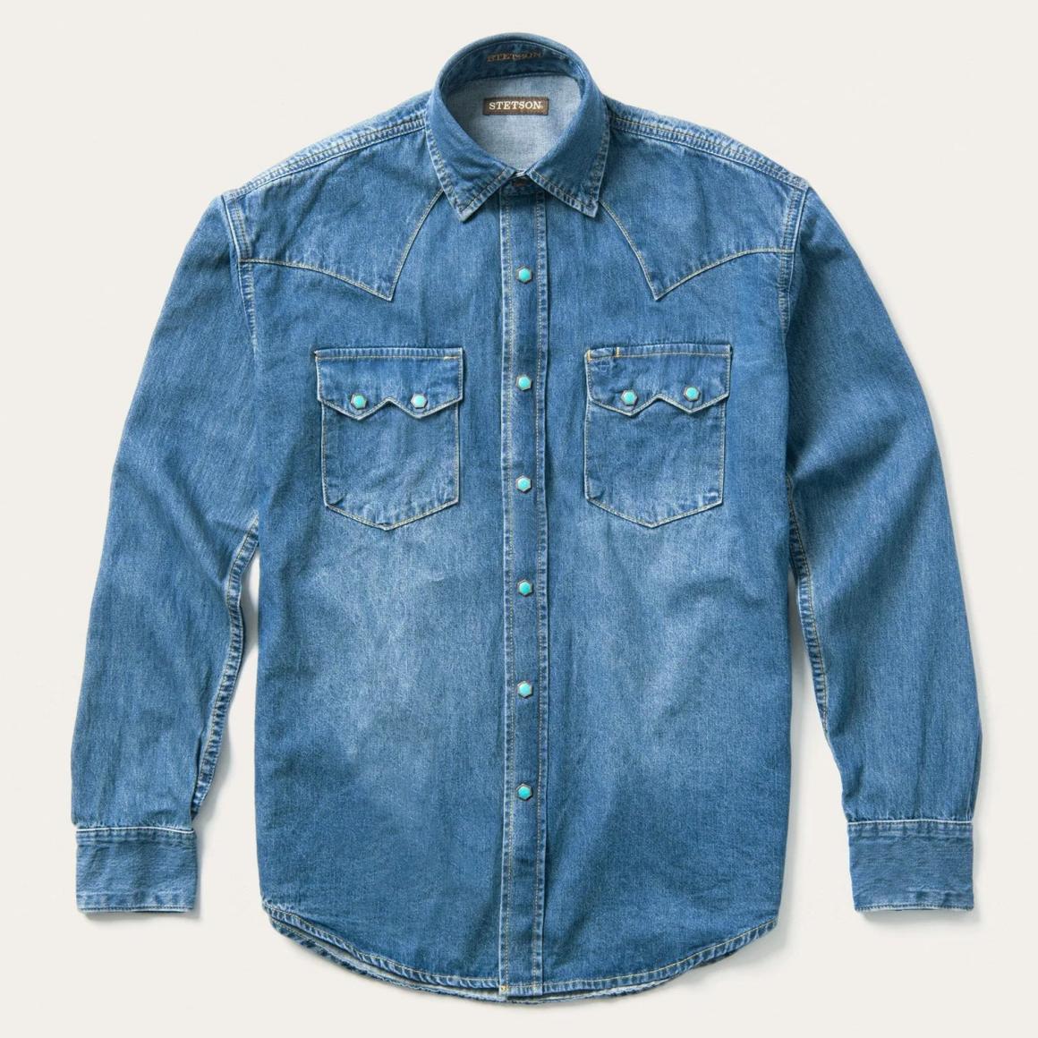 Turquoise Snap Western Denim Shirt Blue | Men Stetson Western Shirts
