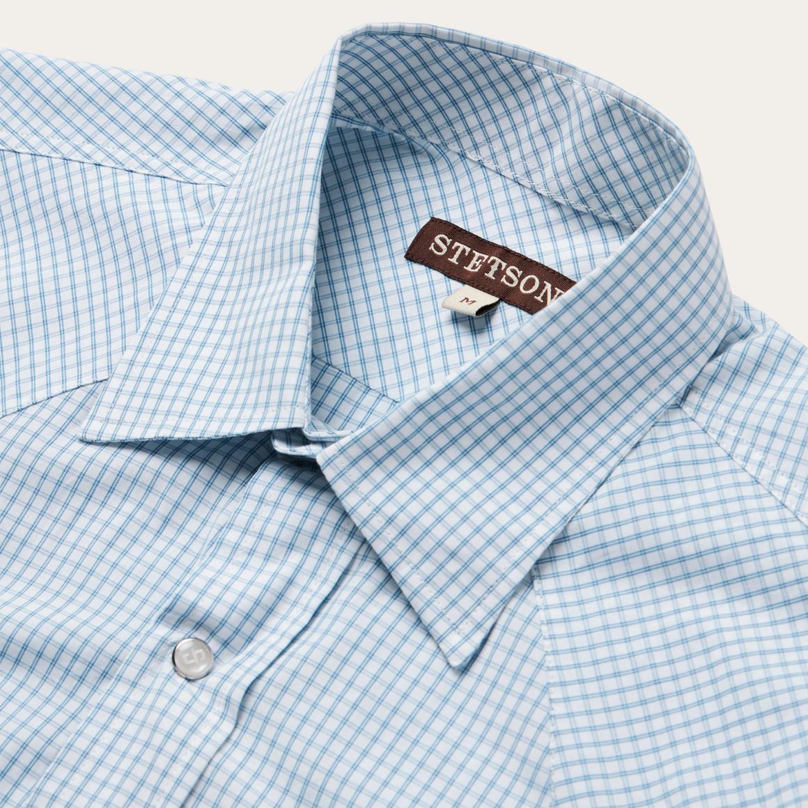 Two Stripe Check Western Shirt Blue | Men Stetson Western Shirts